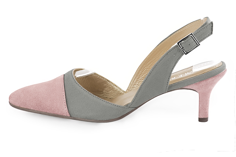 Light pink and dove grey women's slingback shoes. Tapered toe. Medium slim heel. Profile view - Florence KOOIJMAN